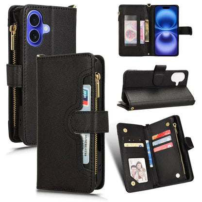 For iPhone 16 Plus Leather Case Zipper Pocket Phone Cover with 2 Straps