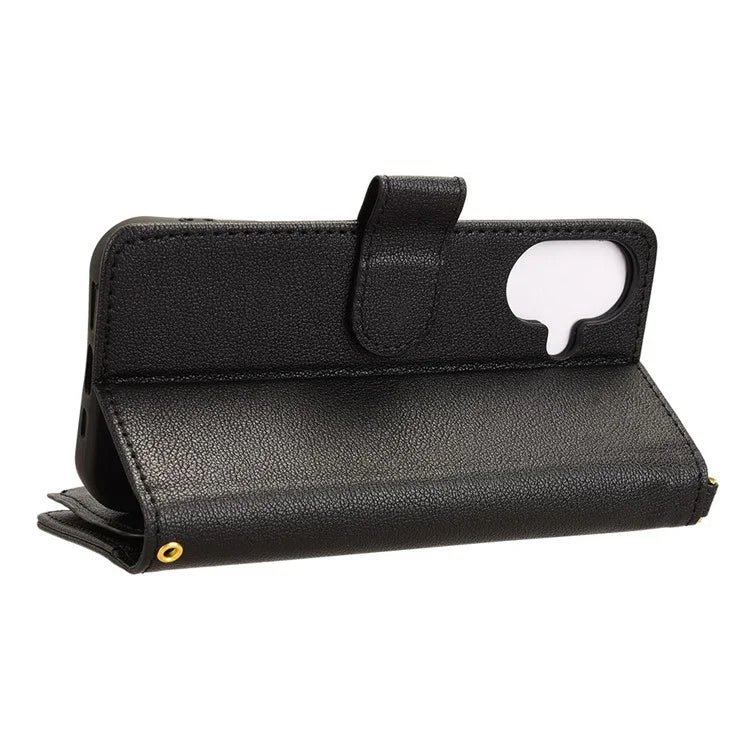 For iPhone 16 Plus Leather Case Zipper Pocket Phone Cover with 2 Straps