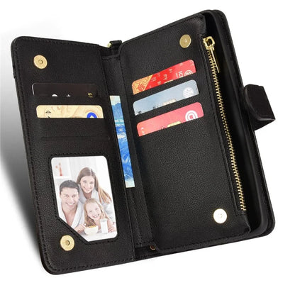For iPhone 16 Plus Leather Case Zipper Pocket Phone Cover with 2 Straps