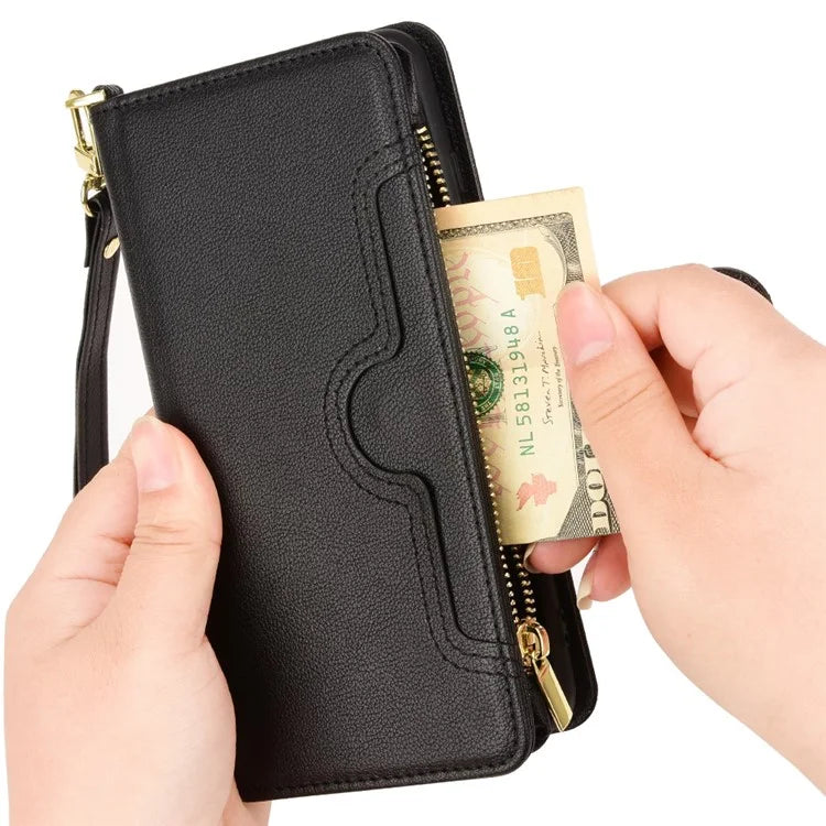 For iPhone 16 Plus Leather Case Zipper Pocket Phone Cover with 2 Straps