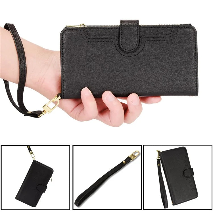 For iPhone 16 Plus Leather Case Zipper Pocket Phone Cover with 2 Straps