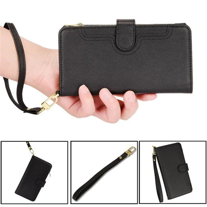 For iPhone 16 Plus Leather Case Zipper Pocket Phone Cover with 2 Straps