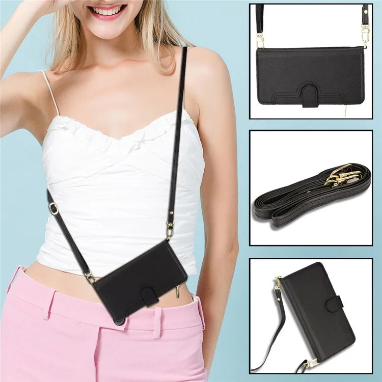 For iPhone 16 Plus Leather Case Zipper Pocket Phone Cover with 2 Straps