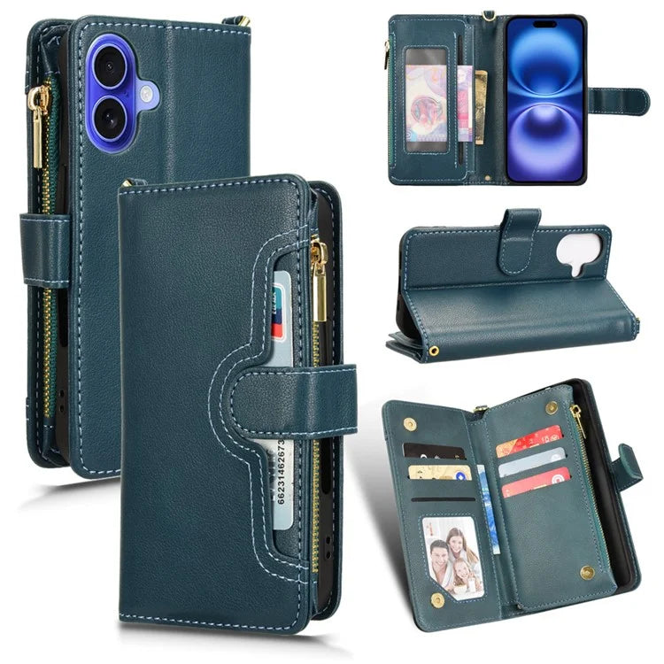 For iPhone 16 Plus Leather Case Zipper Pocket Phone Cover with 2 Straps