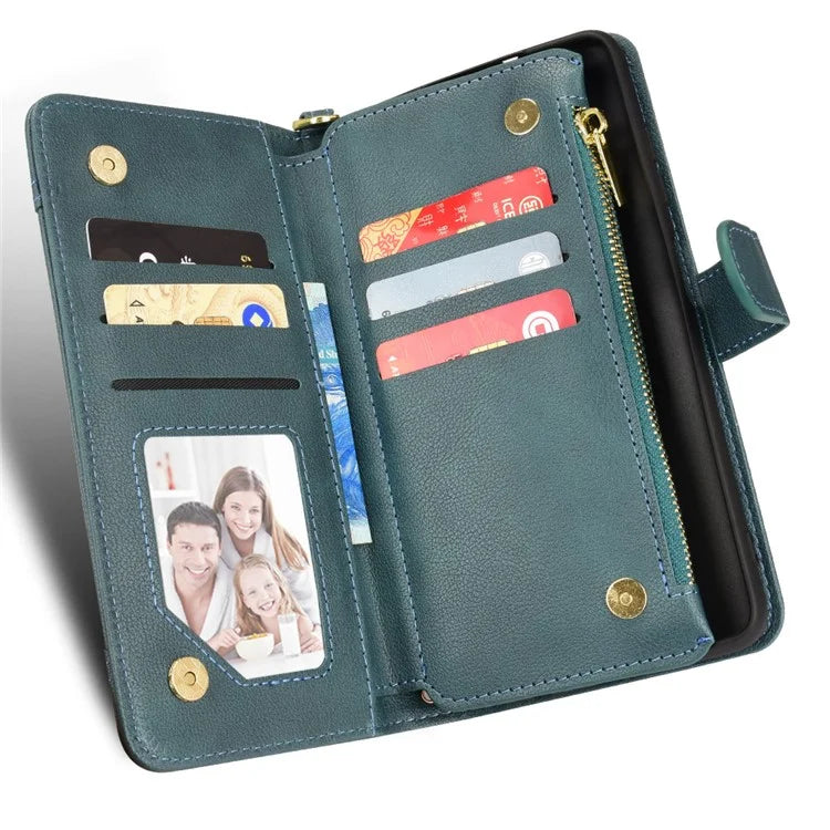 For iPhone 16 Plus Leather Case Zipper Pocket Phone Cover with 2 Straps
