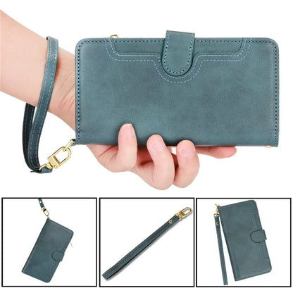 For iPhone 16 Plus Leather Case Zipper Pocket Phone Cover with 2 Straps