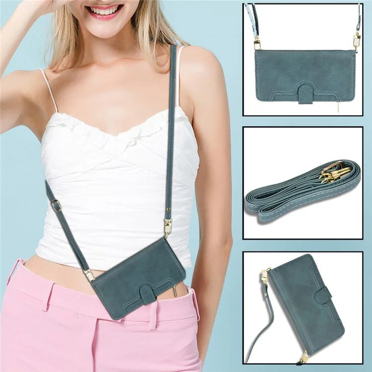 For iPhone 16 Plus Leather Case Zipper Pocket Phone Cover with 2 Straps