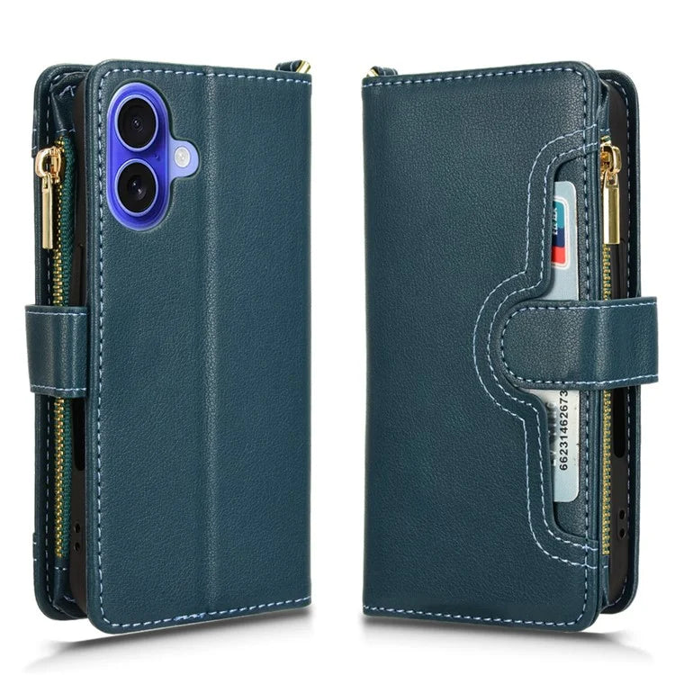 For iPhone 16 Plus Leather Case Zipper Pocket Phone Cover with 2 Straps