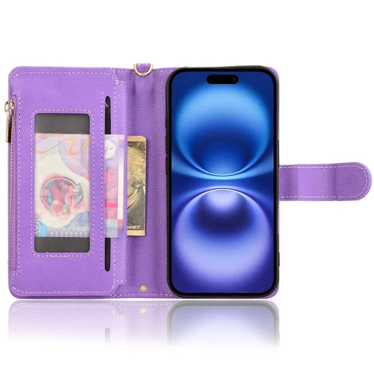 For iPhone 16 Plus Leather Case Zipper Pocket Phone Cover with 2 Straps