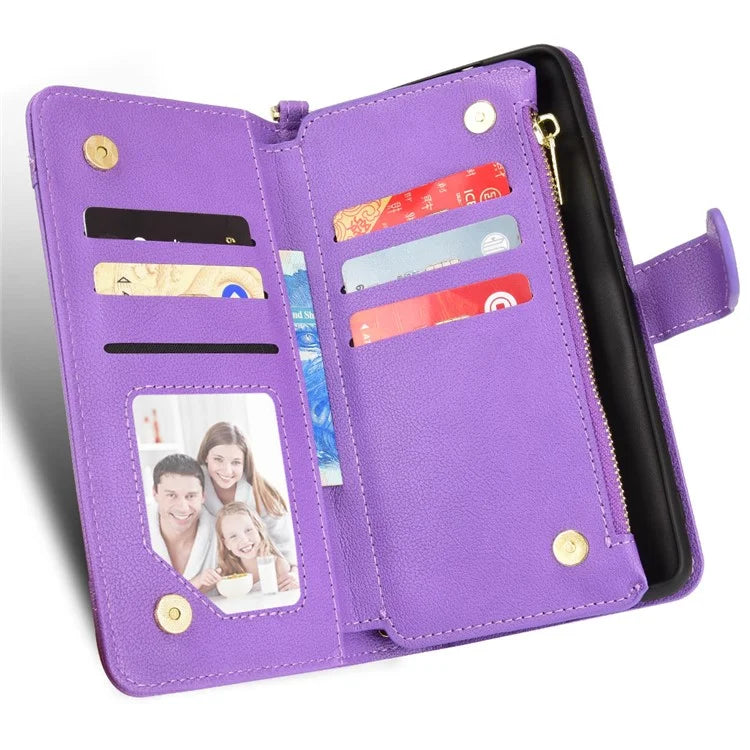For iPhone 16 Plus Leather Case Zipper Pocket Phone Cover with 2 Straps