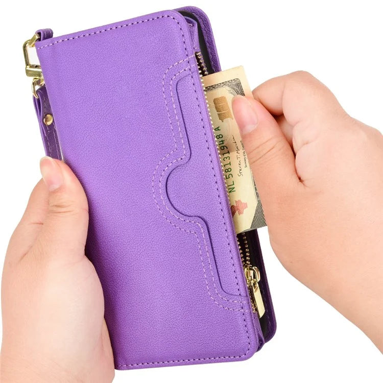 For iPhone 16 Plus Leather Case Zipper Pocket Phone Cover with 2 Straps