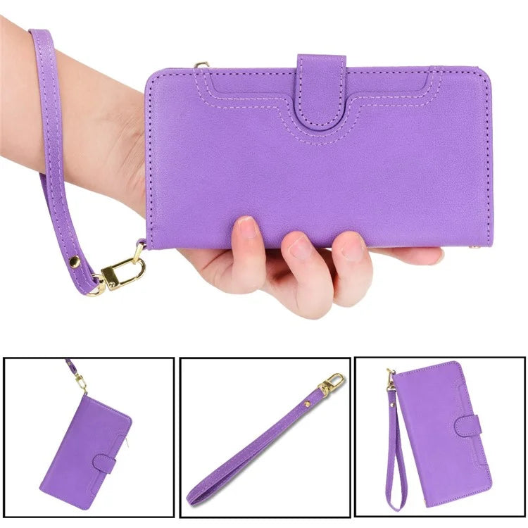 For iPhone 16 Plus Leather Case Zipper Pocket Phone Cover with 2 Straps
