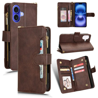For iPhone 16 Plus Leather Case Zipper Pocket Phone Cover with 2 Straps