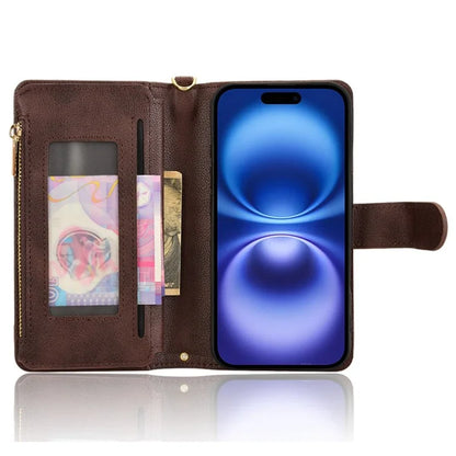 For iPhone 16 Plus Leather Case Zipper Pocket Phone Cover with 2 Straps