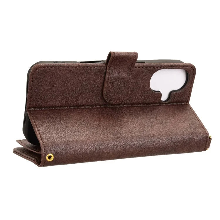 For iPhone 16 Plus Leather Case Zipper Pocket Phone Cover with 2 Straps