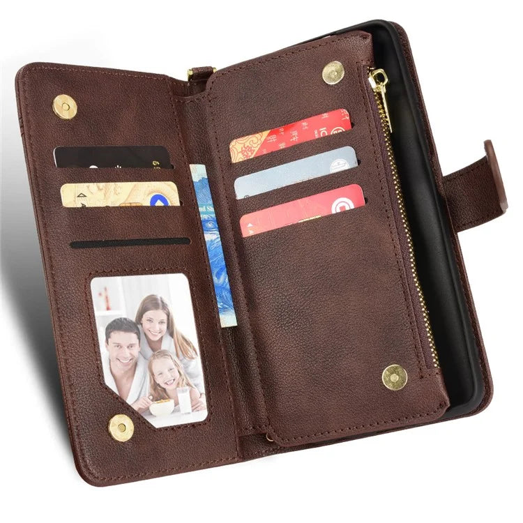 For iPhone 16 Plus Leather Case Zipper Pocket Phone Cover with 2 Straps
