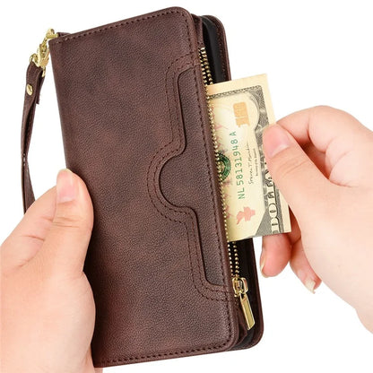 For iPhone 16 Plus Leather Case Zipper Pocket Phone Cover with 2 Straps