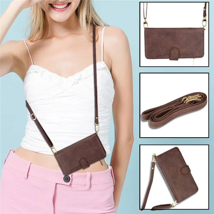 For iPhone 16 Plus Leather Case Zipper Pocket Phone Cover with 2 Straps