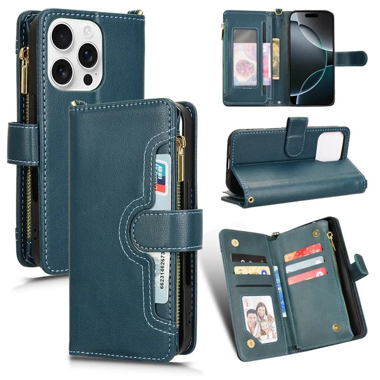 For iPhone 16 Pro Leather Case Zipper Pocket Phone Cover with 2 Straps