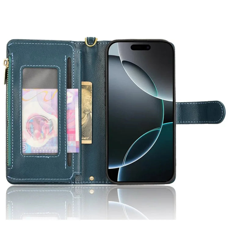 For iPhone 16 Pro Leather Case Zipper Pocket Phone Cover with 2 Straps