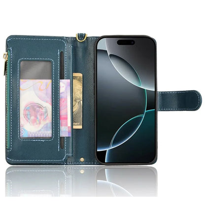 For iPhone 16 Pro Leather Case Zipper Pocket Phone Cover with 2 Straps