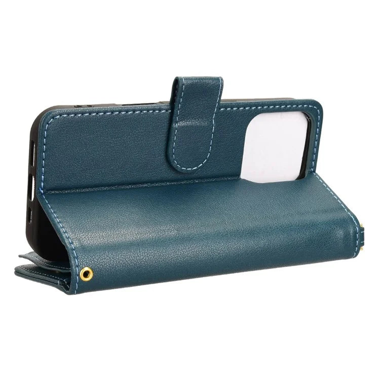 For iPhone 16 Pro Leather Case Zipper Pocket Phone Cover with 2 Straps