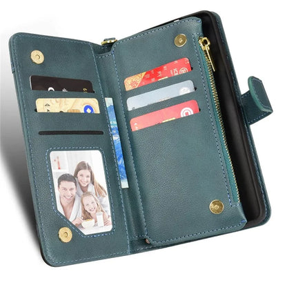For iPhone 16 Pro Leather Case Zipper Pocket Phone Cover with 2 Straps