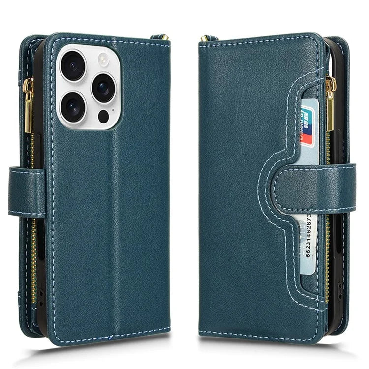 For iPhone 16 Pro Leather Case Zipper Pocket Phone Cover with 2 Straps