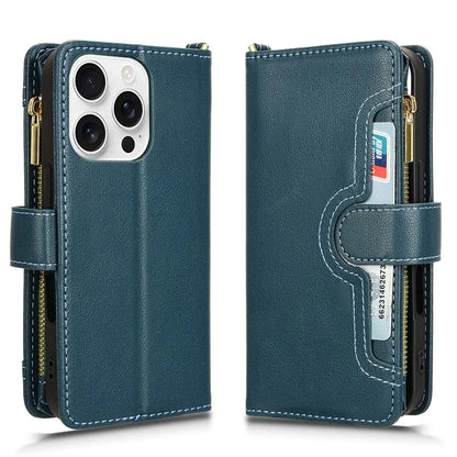 For iPhone 16 Pro Leather Case Zipper Pocket Phone Cover with 2 Straps