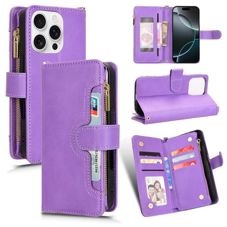 For iPhone 16 Pro Leather Case Zipper Pocket Phone Cover with 2 Straps