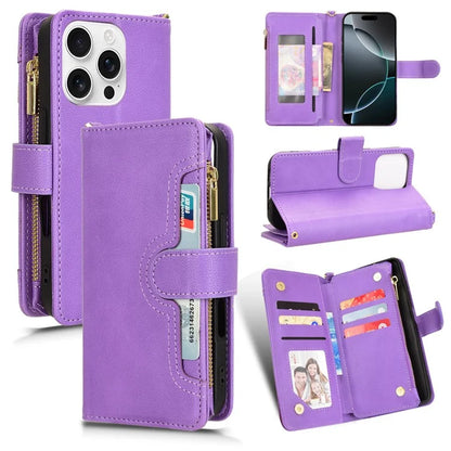 For iPhone 16 Pro Leather Case Zipper Pocket Phone Cover with 2 Straps