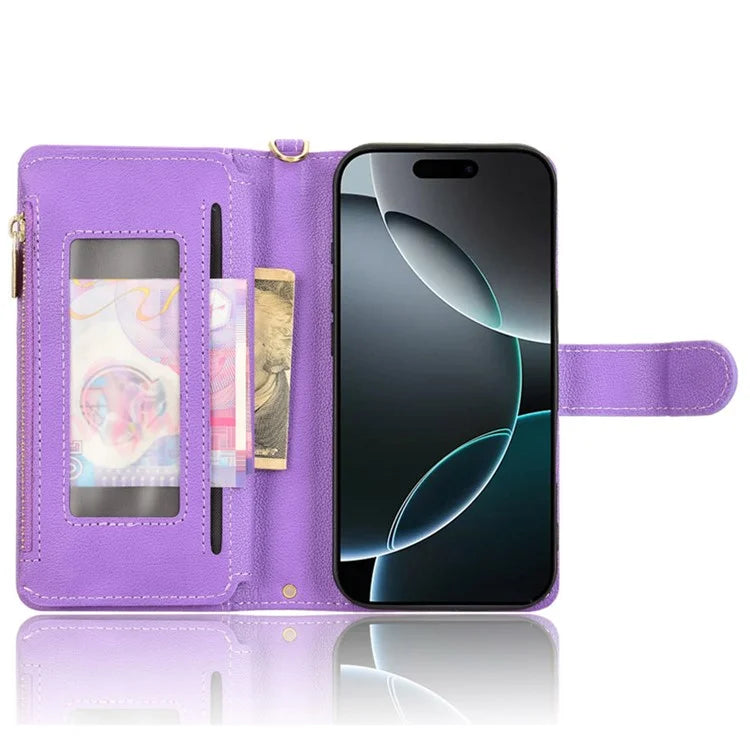 For iPhone 16 Pro Leather Case Zipper Pocket Phone Cover with 2 Straps