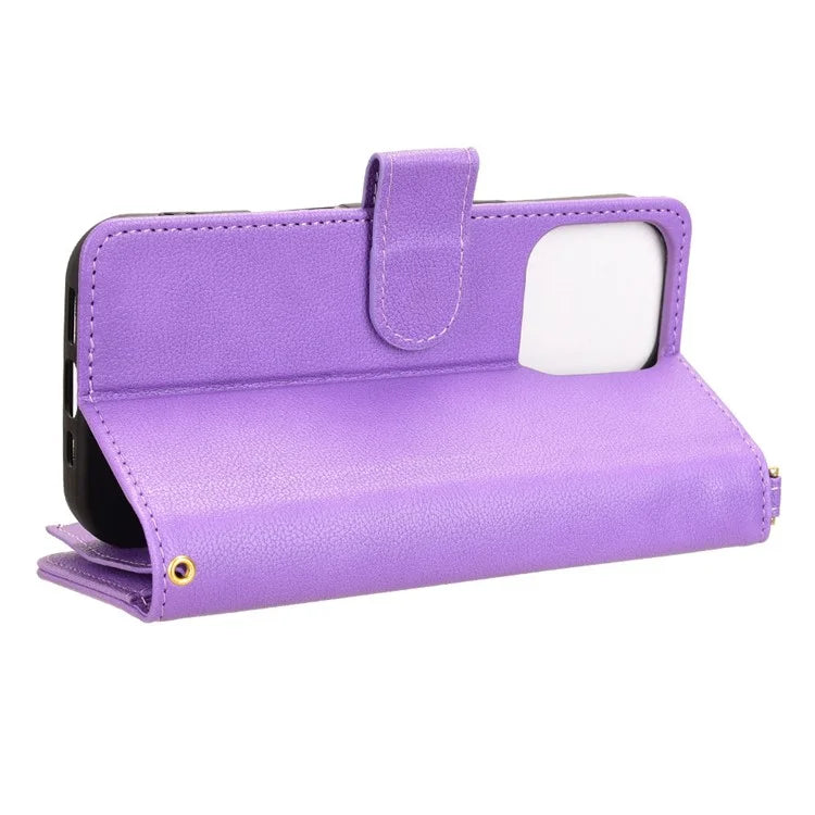 For iPhone 16 Pro Leather Case Zipper Pocket Phone Cover with 2 Straps