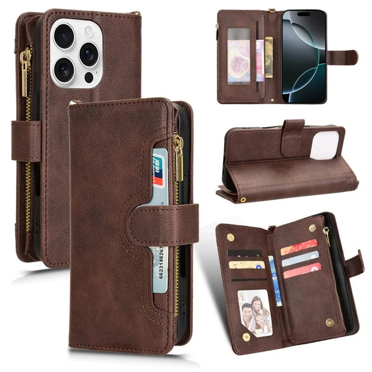 For iPhone 16 Pro Leather Case Zipper Pocket Phone Cover with 2 Straps