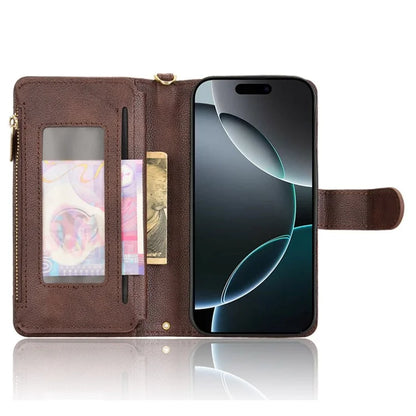 For iPhone 16 Pro Leather Case Zipper Pocket Phone Cover with 2 Straps