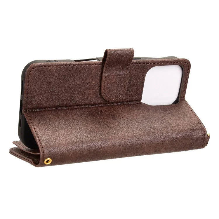 For iPhone 16 Pro Leather Case Zipper Pocket Phone Cover with 2 Straps