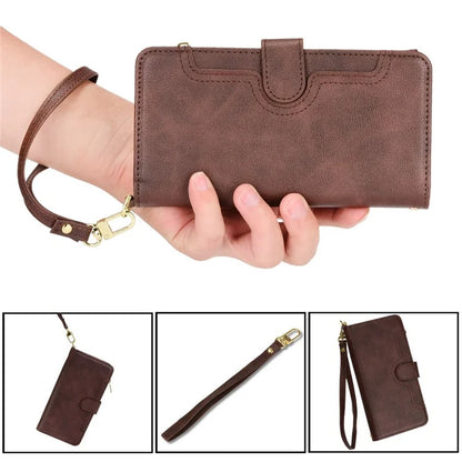 For iPhone 16 Pro Leather Case Zipper Pocket Phone Cover with 2 Straps