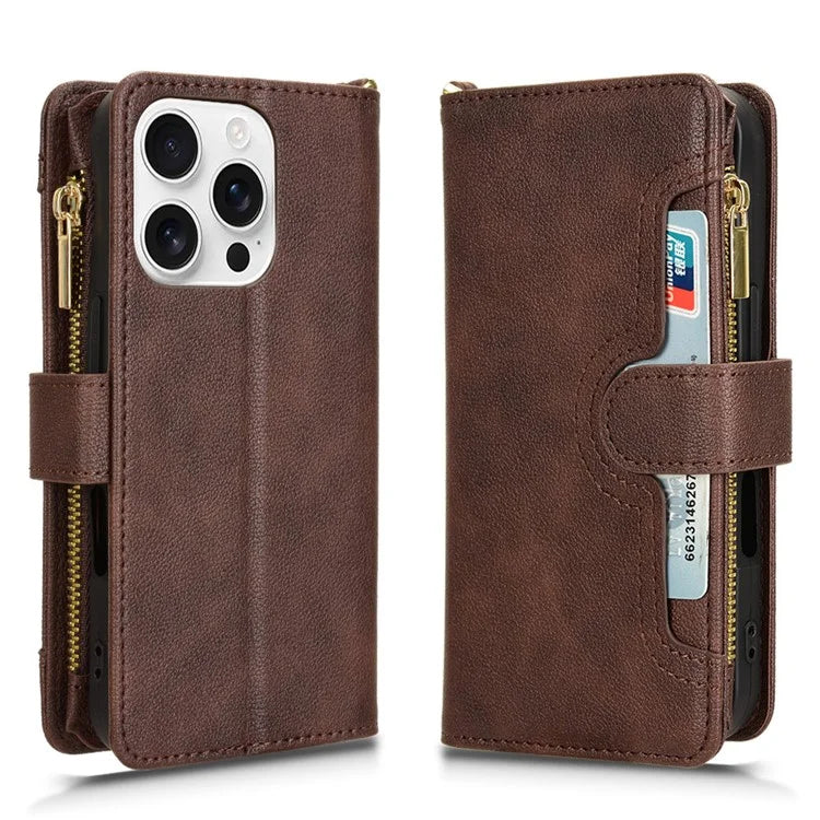 For iPhone 16 Pro Leather Case Zipper Pocket Phone Cover with 2 Straps