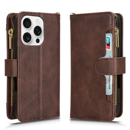 For iPhone 16 Pro Leather Case Zipper Pocket Phone Cover with 2 Straps