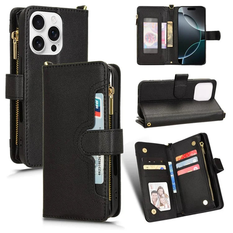 For iPhone 16 Pro Leather Case Zipper Pocket Phone Cover with 2 Straps