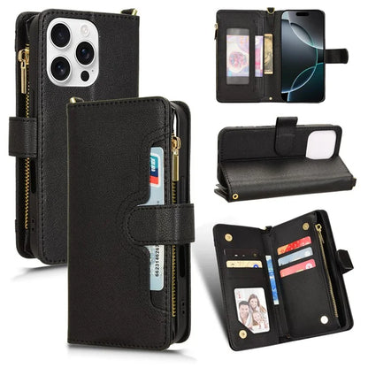 For iPhone 16 Pro Leather Case Zipper Pocket Phone Cover with 2 Straps