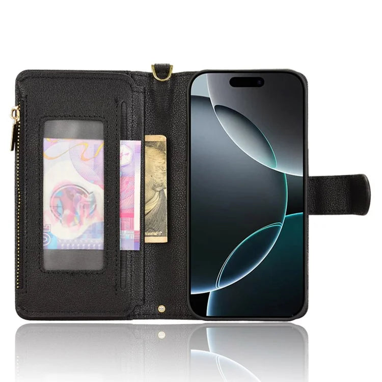 For iPhone 16 Pro Leather Case Zipper Pocket Phone Cover with 2 Straps