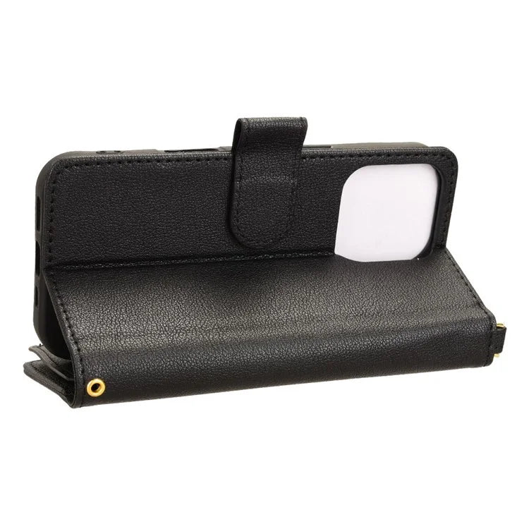 For iPhone 16 Pro Leather Case Zipper Pocket Phone Cover with 2 Straps