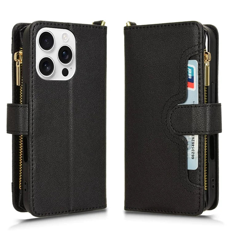 For iPhone 16 Pro Leather Case Zipper Pocket Phone Cover with 2 Straps