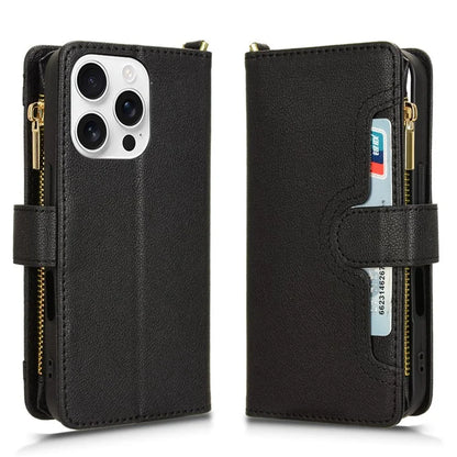 For iPhone 16 Pro Leather Case Zipper Pocket Phone Cover with 2 Straps