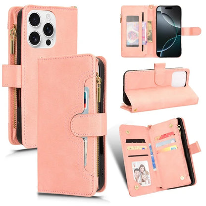For iPhone 16 Pro Leather Case Zipper Pocket Phone Cover with 2 Straps