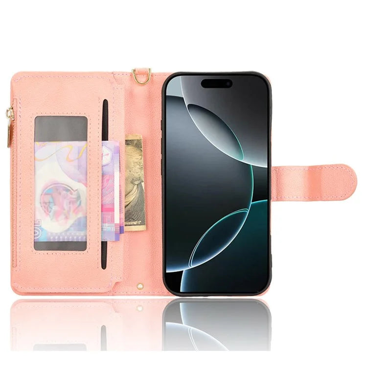 For iPhone 16 Pro Leather Case Zipper Pocket Phone Cover with 2 Straps
