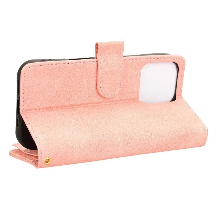For iPhone 16 Pro Leather Case Zipper Pocket Phone Cover with 2 Straps