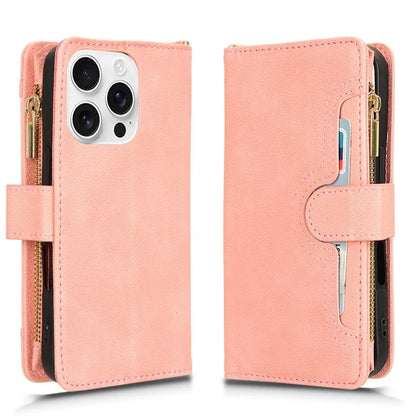 For iPhone 16 Pro Leather Case Zipper Pocket Phone Cover with 2 Straps