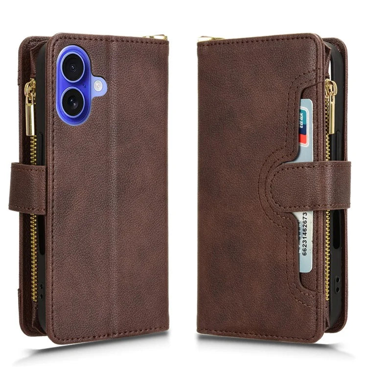 For iPhone 16 Leather Case Zipper Pocket Phone Cover with 2 Straps